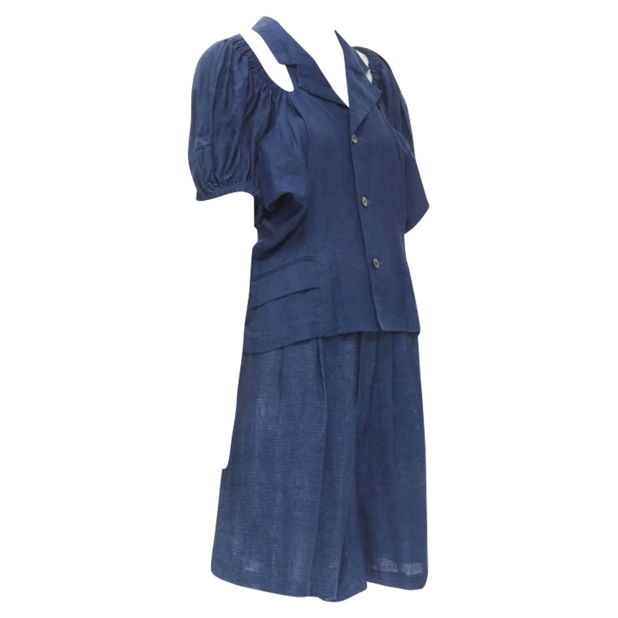 Comme Des Garcons linen ruched sleeve cut out top shorts set