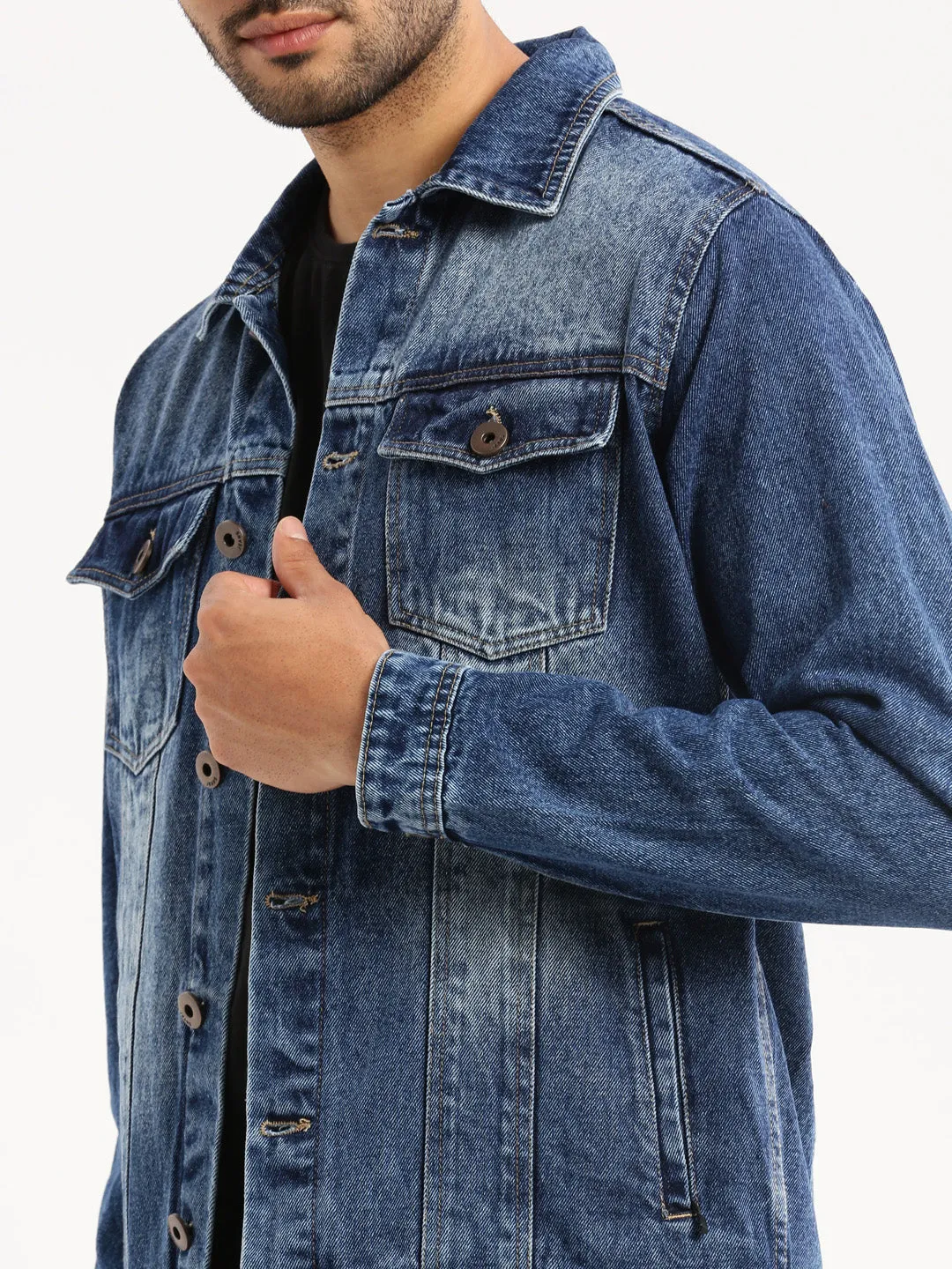Men Blue Solid Denim Jacket