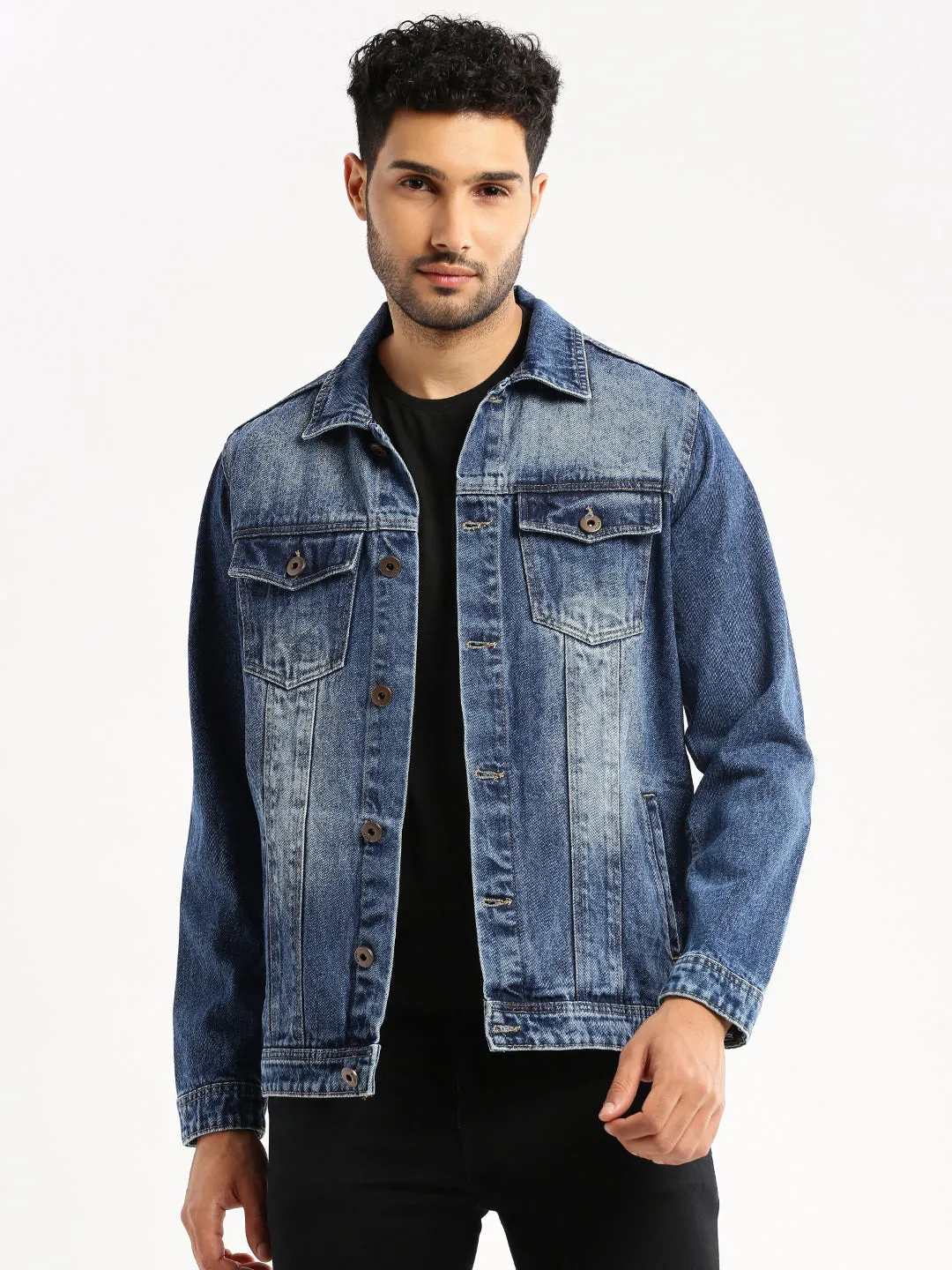 Men Blue Solid Denim Jacket