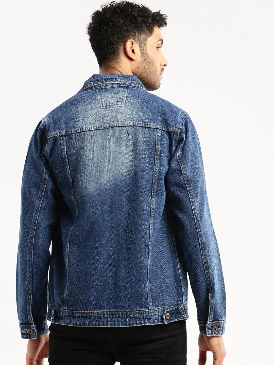 Men Blue Solid Denim Jacket