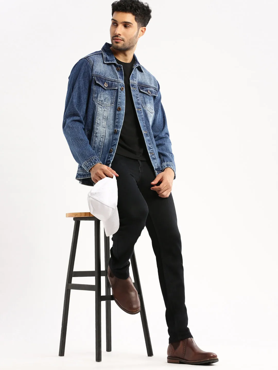Men Blue Solid Denim Jacket