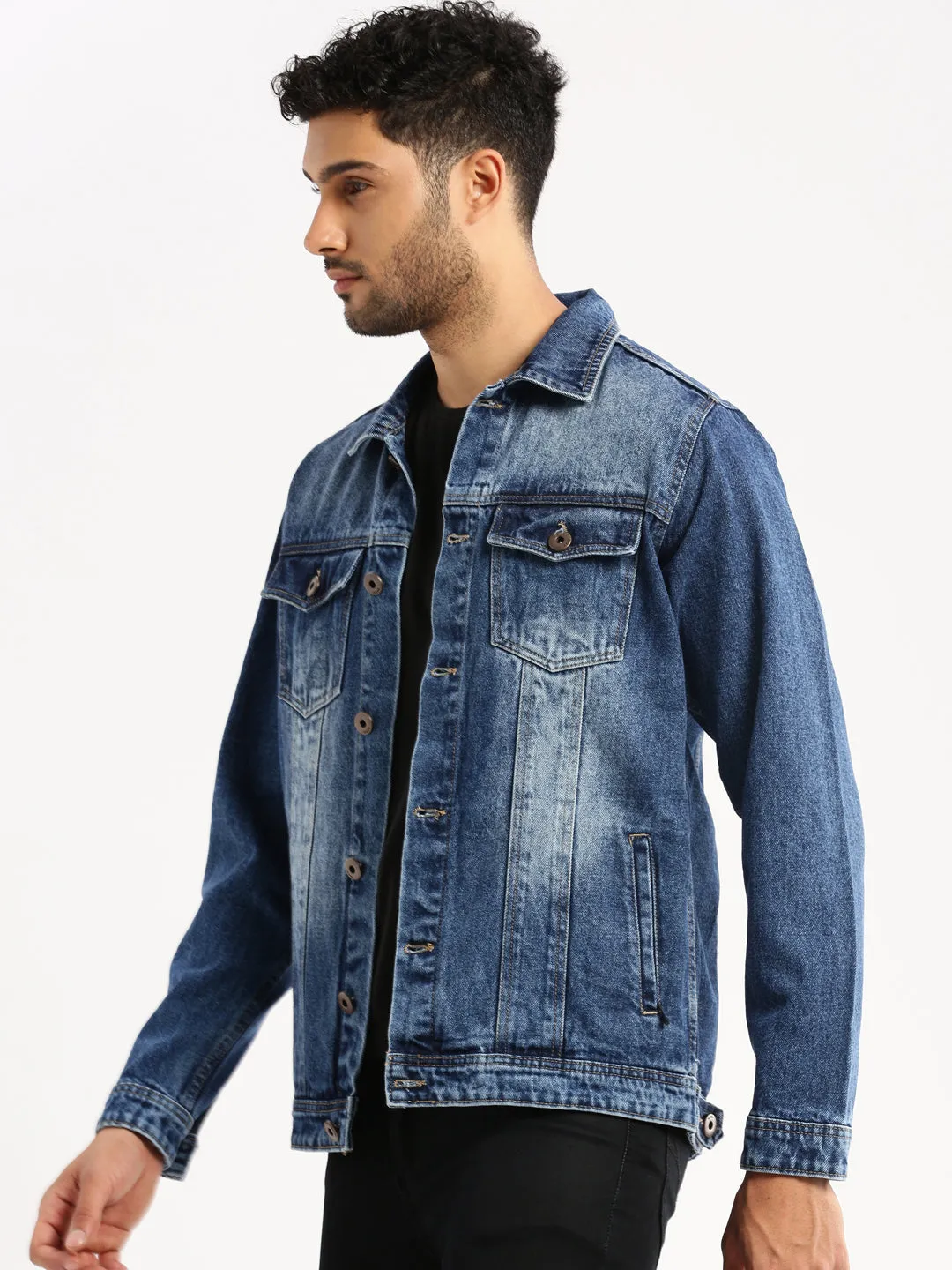 Men Blue Solid Denim Jacket
