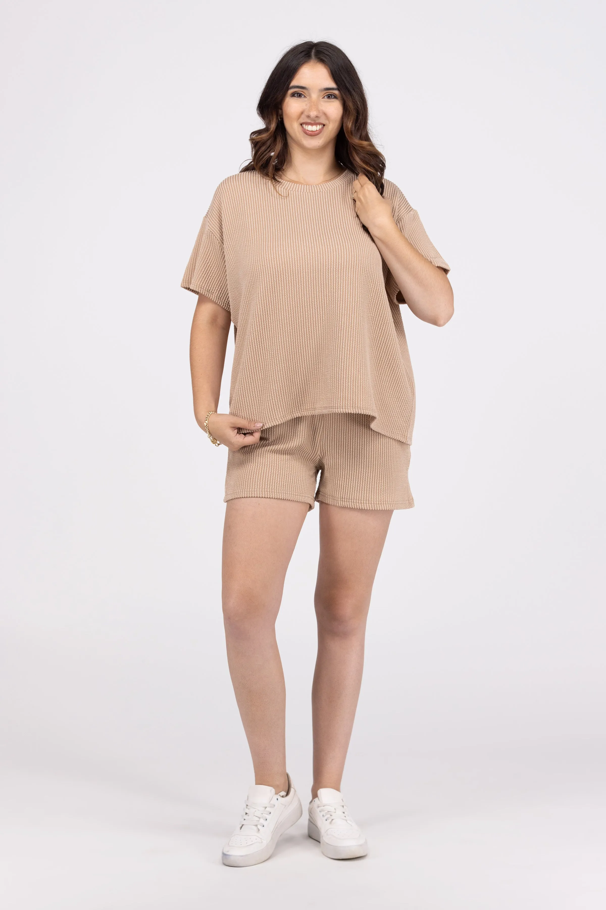 All Set Women's Ribbed Short Sleeve Tee and Shorts Set