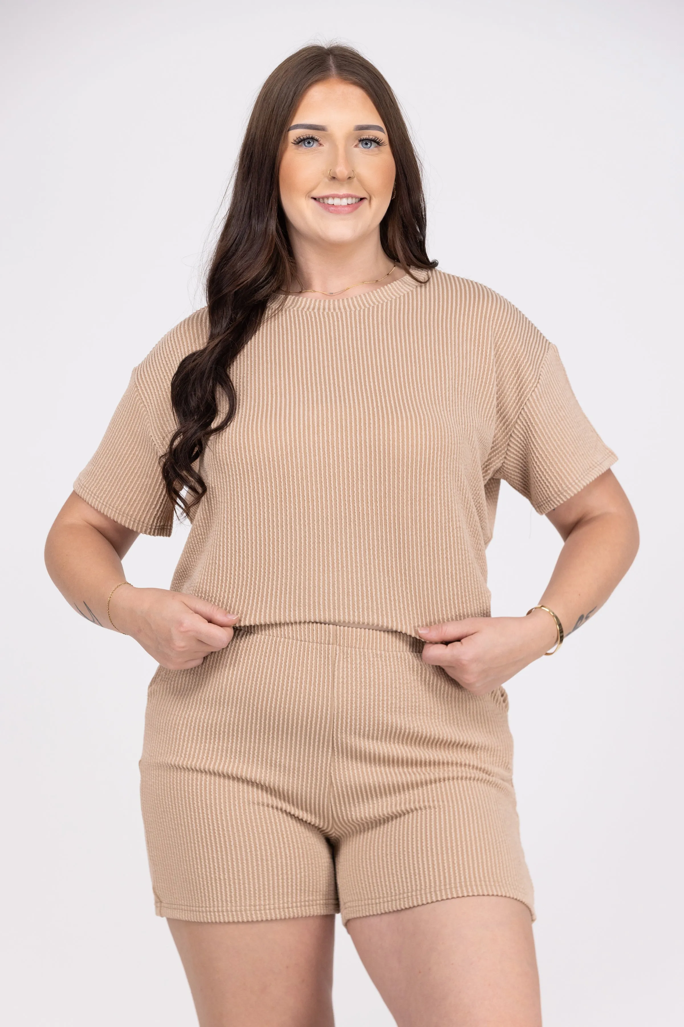 All Set Women's Ribbed Short Sleeve Tee and Shorts Set