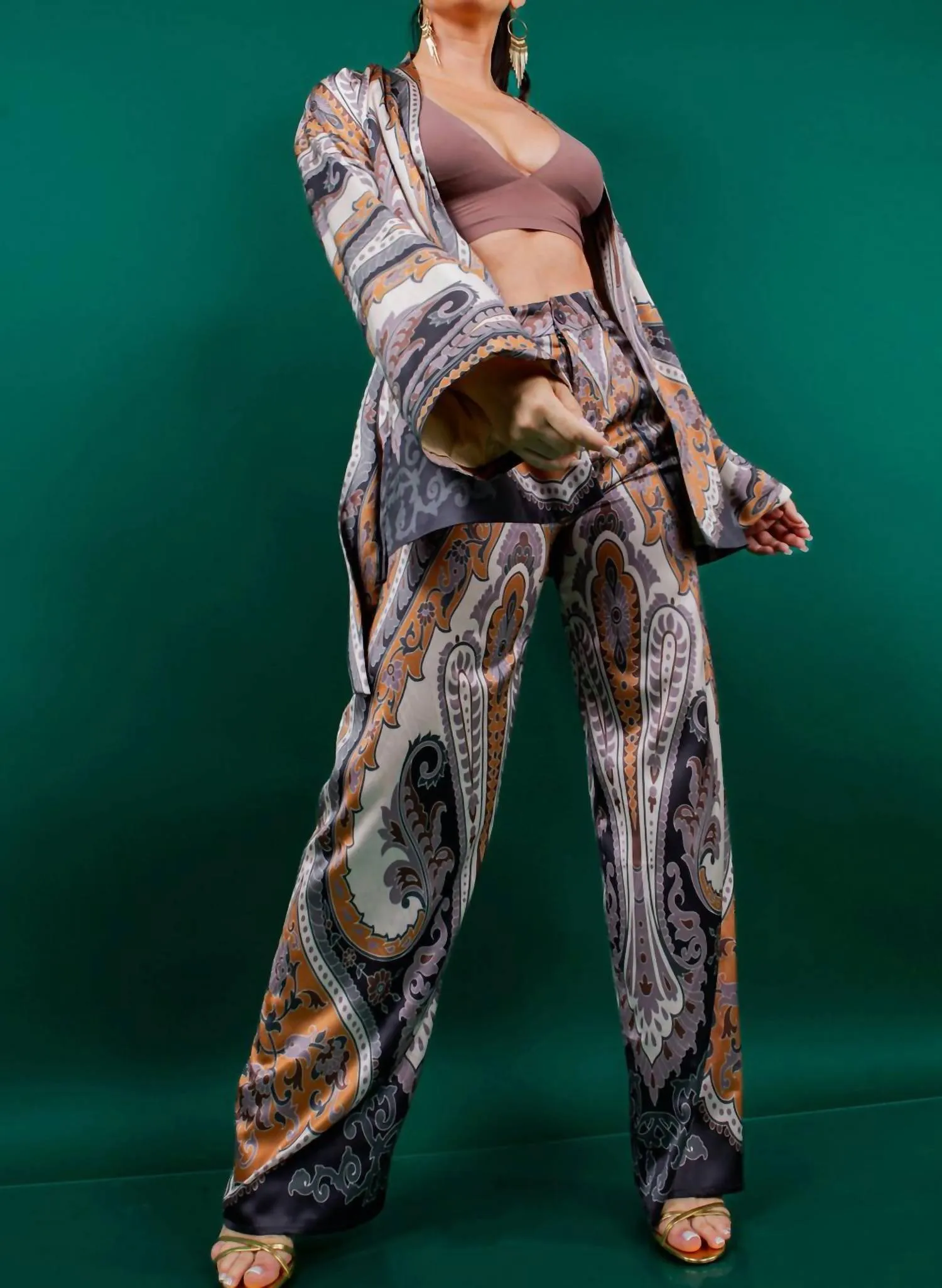Autumn Kimona Pants Set In Mustard Brown