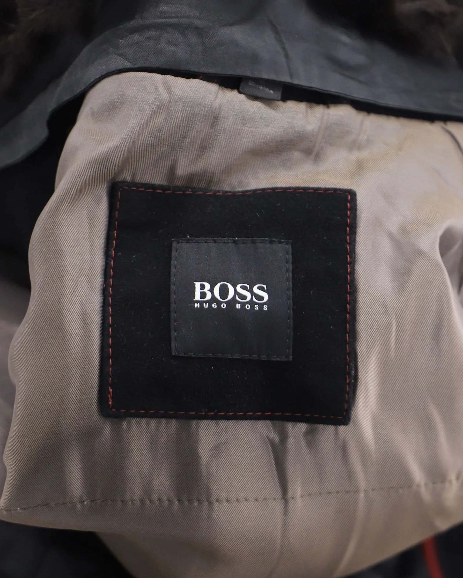 Boss Fur-Trimmed Plaid Double Breasted Coat in Navy Blue Wool