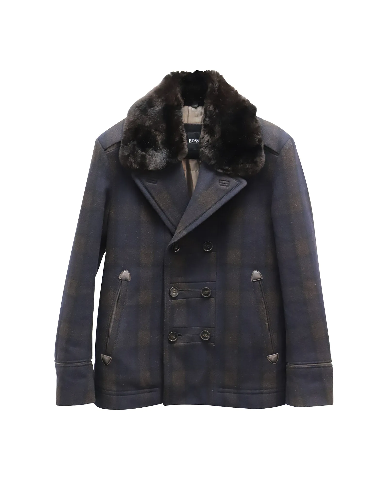 Boss Fur-Trimmed Plaid Double Breasted Coat in Navy Blue Wool