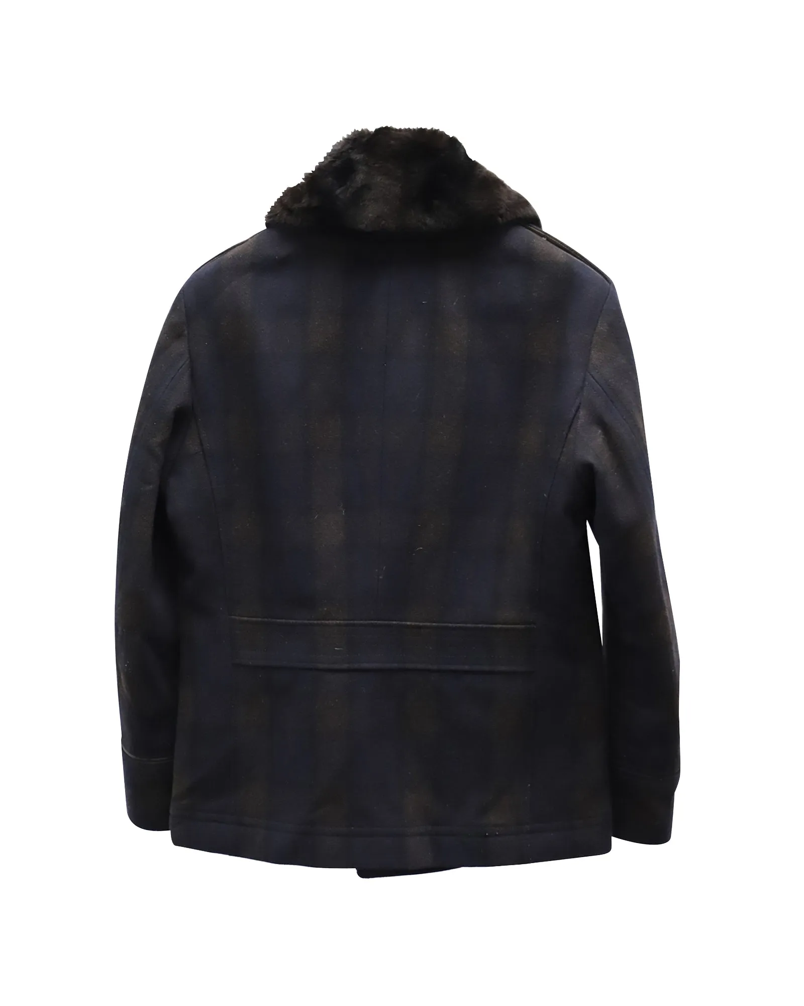 Boss Fur-Trimmed Plaid Double Breasted Coat in Navy Blue Wool
