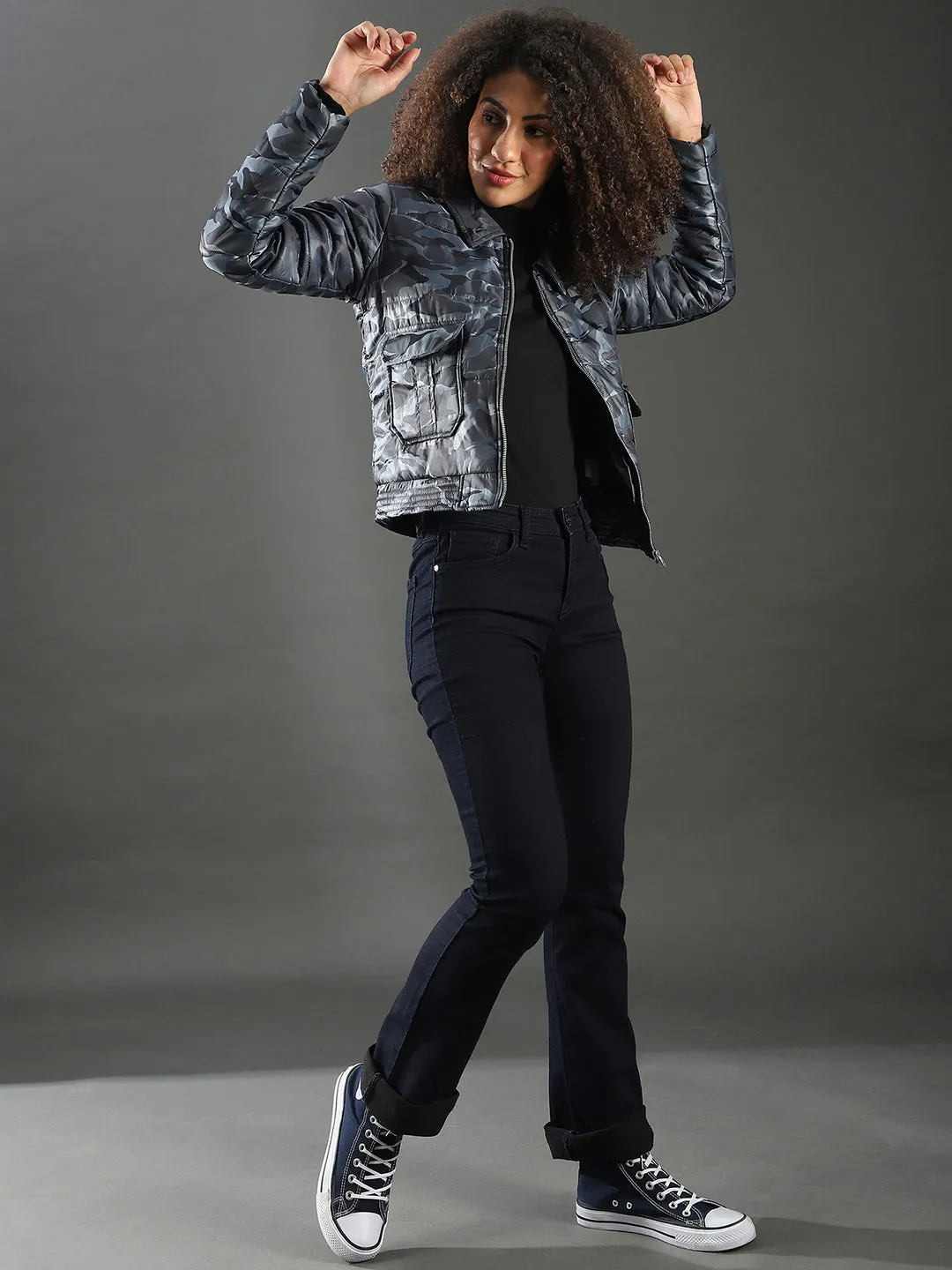 Campus Sutra Women Camouflage Stylish Casual Bomber Jacket