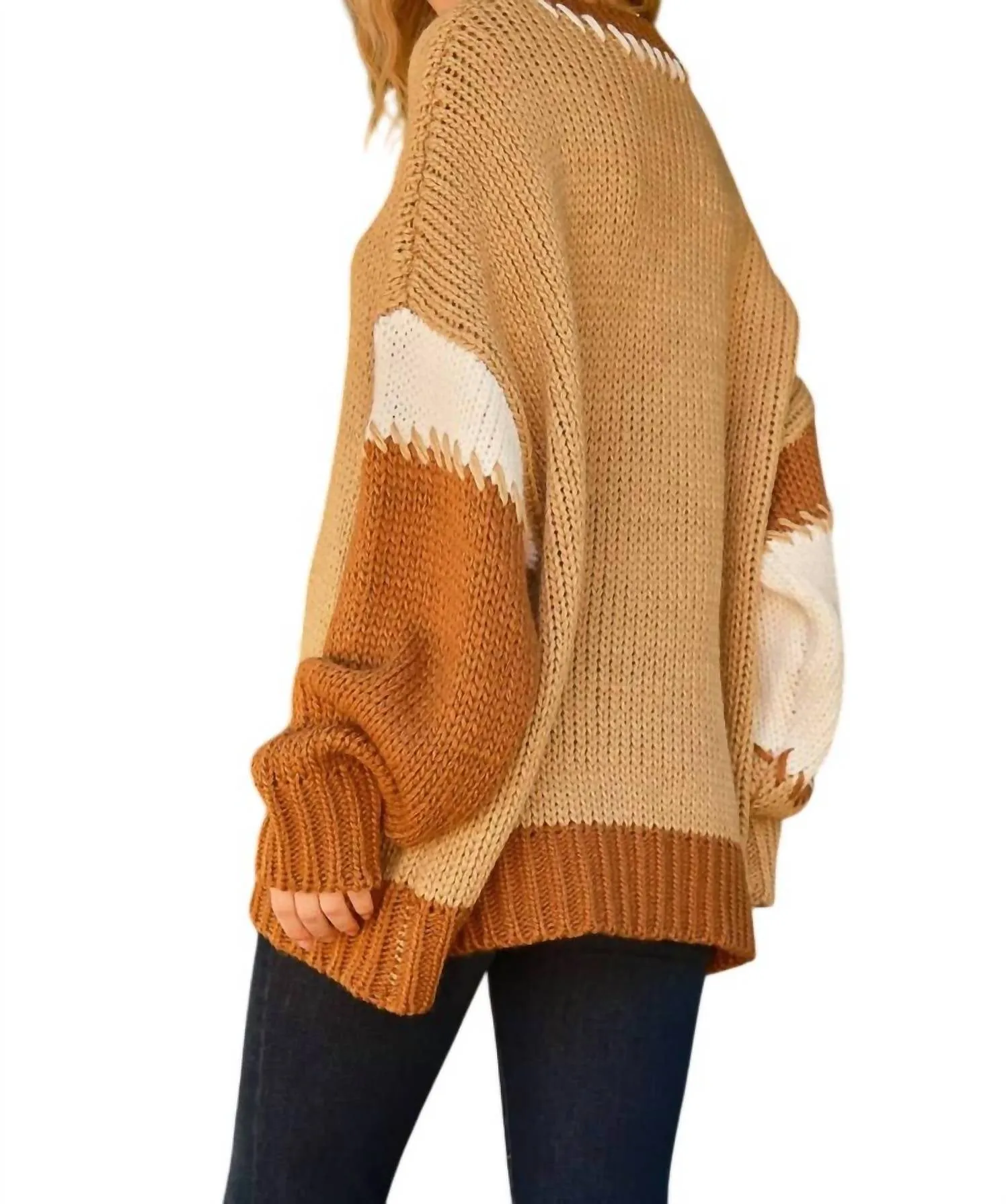 Contrast Stitch Color Block Pullover Sweater In Light French Beige