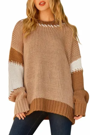 Contrast Stitch Color Block Pullover Sweater In Light French Beige