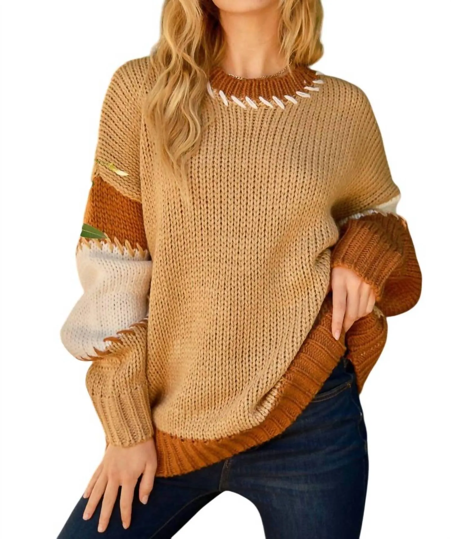 Contrast Stitch Color Block Pullover Sweater In Light French Beige