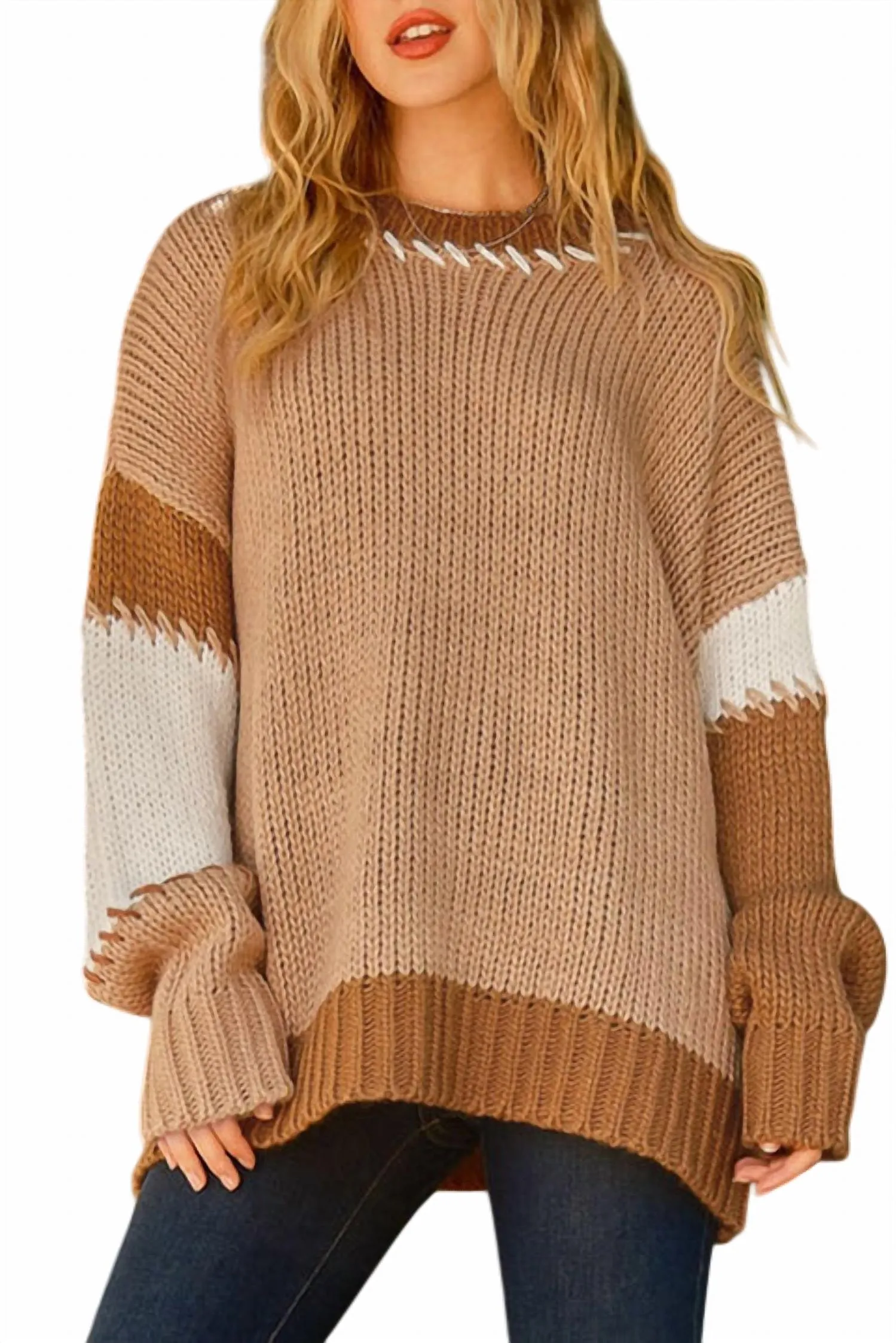 Contrast Stitch Color Block Pullover Sweater In Light French Beige