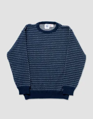 COTTON CREW NECK CHEVRON SWEATER - NAVY/NATURAL