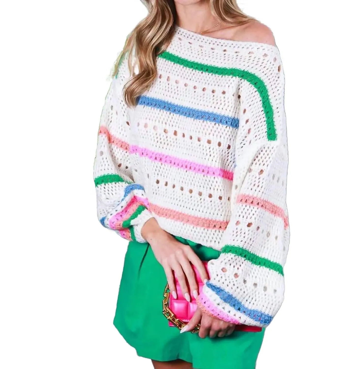Crochet Striped Sweater In Mul