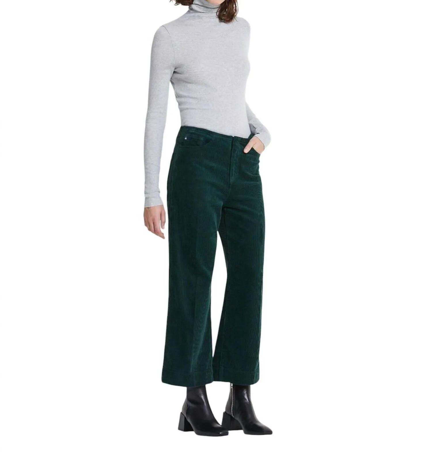 Etta Corduroy Wide Leg Cropped Pants In Green