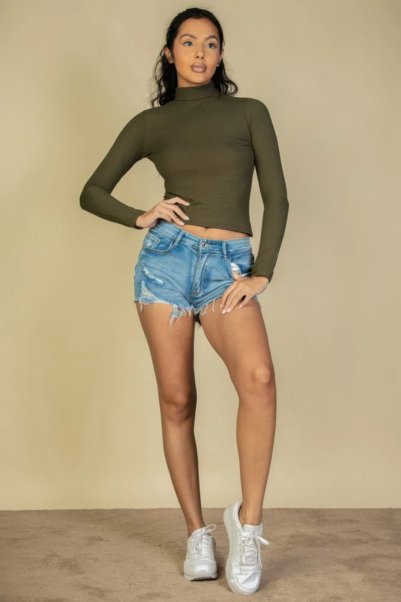 FASHNZFAB Women's Ribbed Turtleneck Long Sleeve Top