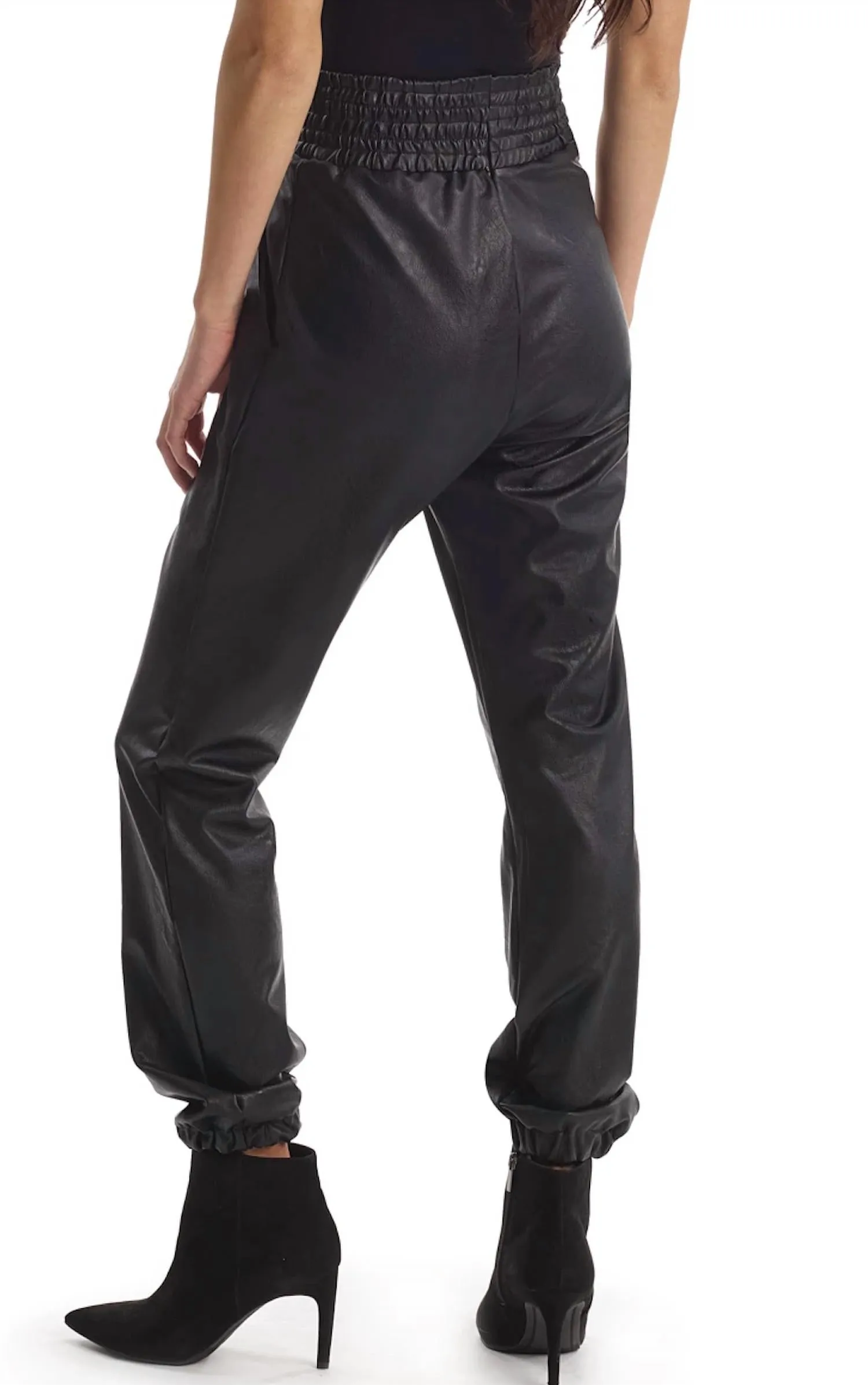 Faux Leather Jogger With Elastic Waist & Hem In Black