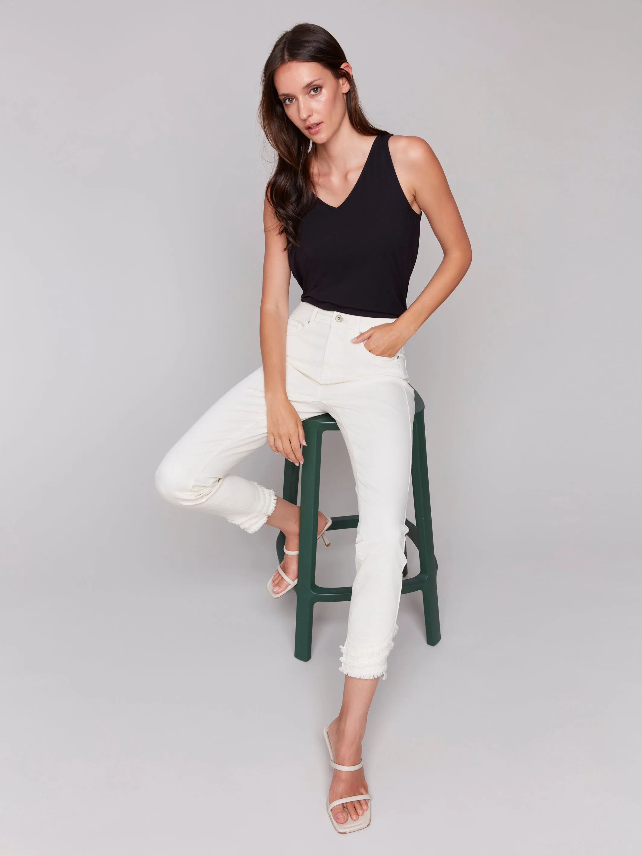 Frayed Hem Denim Pants - Natural