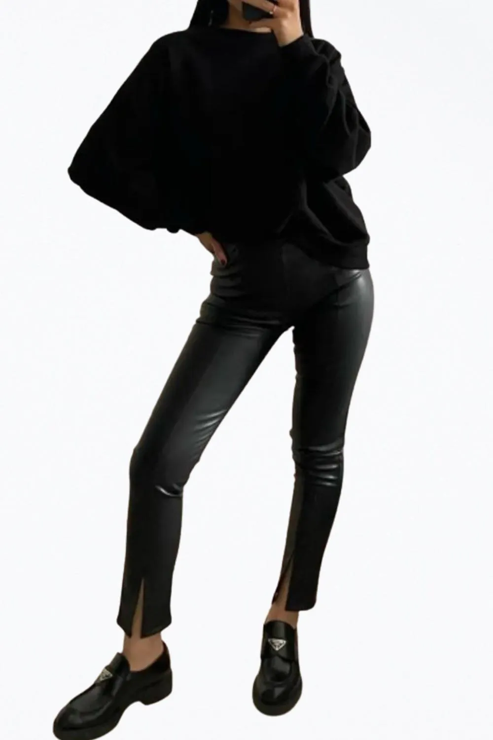 High-Rise Vegan Leather Split-Hem Pants In Black