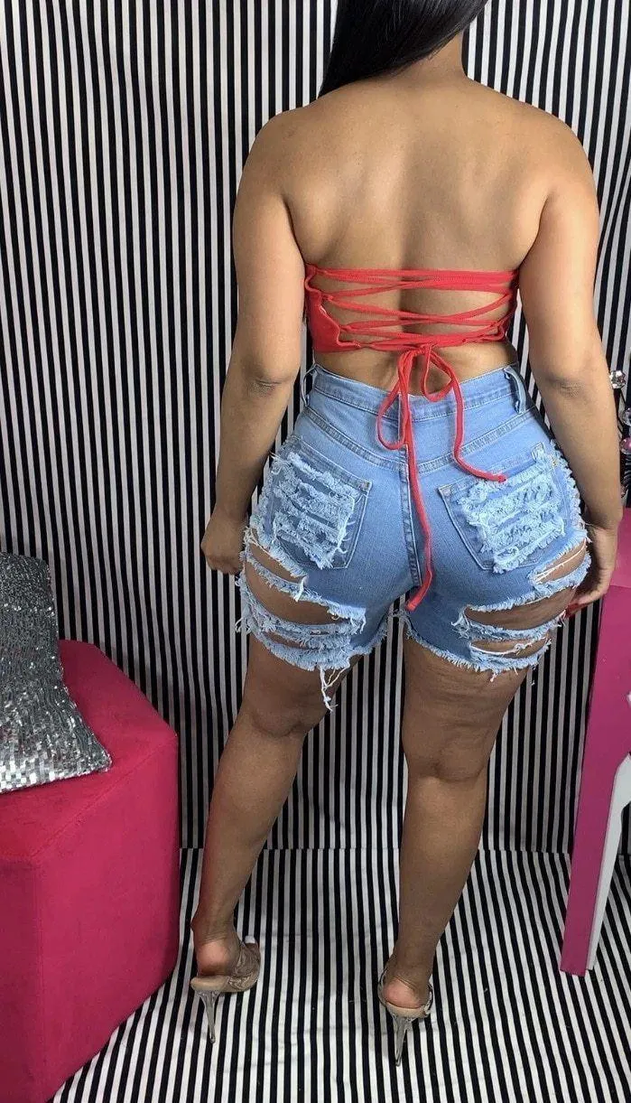 High Waist Ripped Denim Shorts For Women