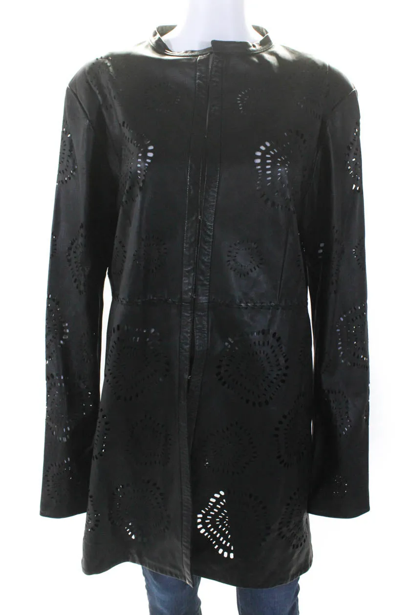 In Transit Womens Long Hook & Eye Cutout Leather Crew Neck Jacket Black