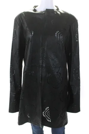 In Transit Womens Long Hook & Eye Cutout Leather Crew Neck Jacket Black