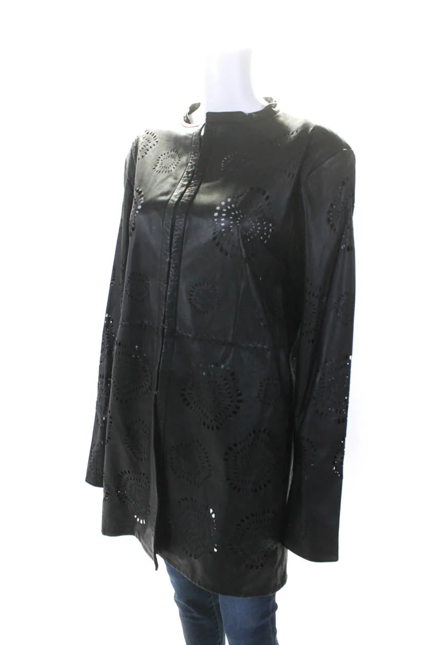 In Transit Womens Long Hook & Eye Cutout Leather Crew Neck Jacket Black