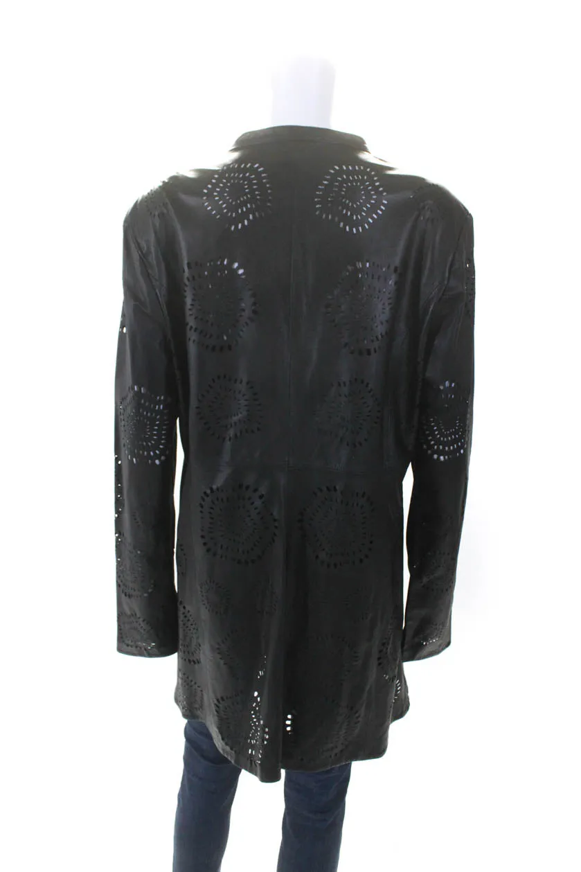 In Transit Womens Long Hook & Eye Cutout Leather Crew Neck Jacket Black