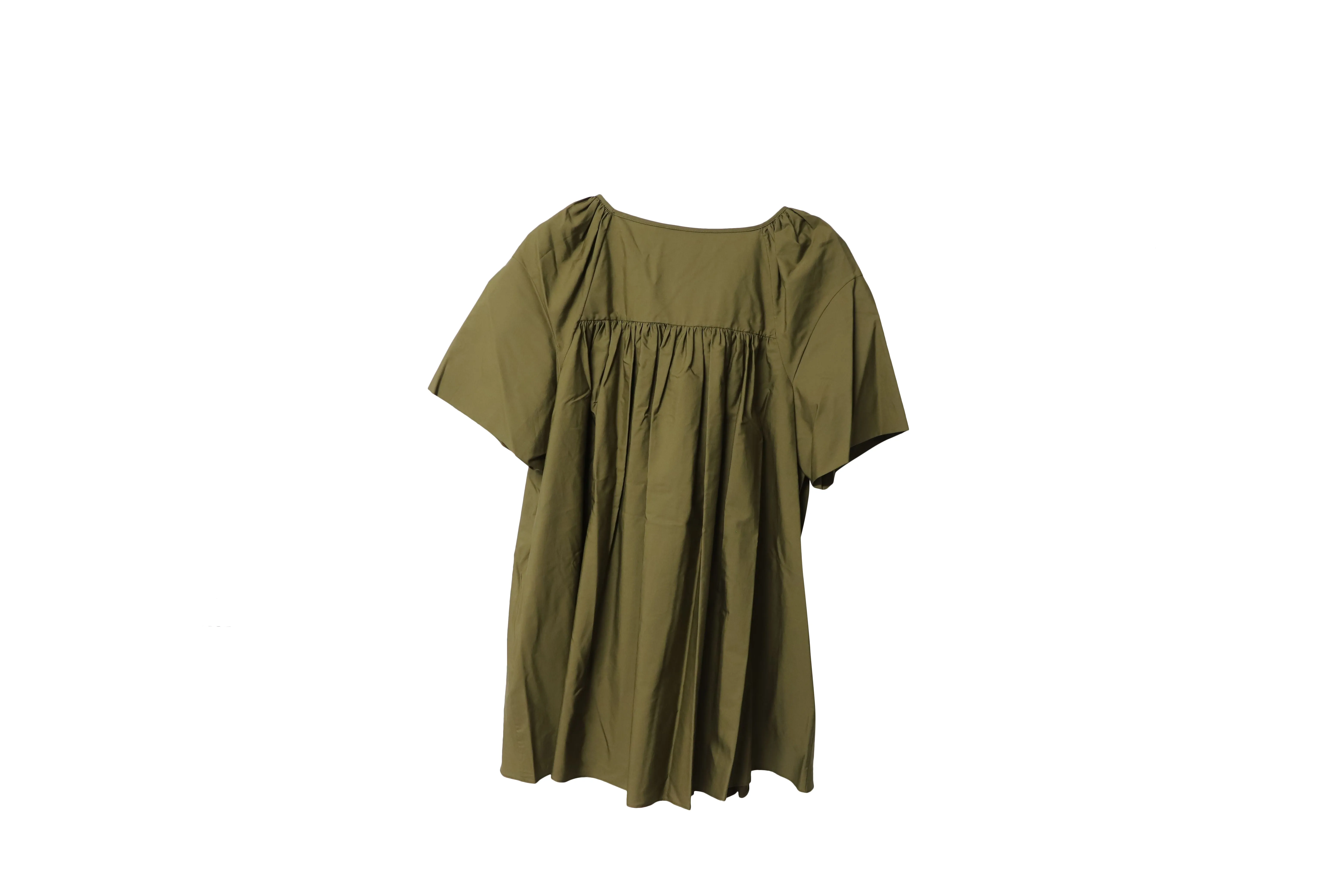 Jil Sander Gathered Short Sleeves Top in Olive Green Cotton