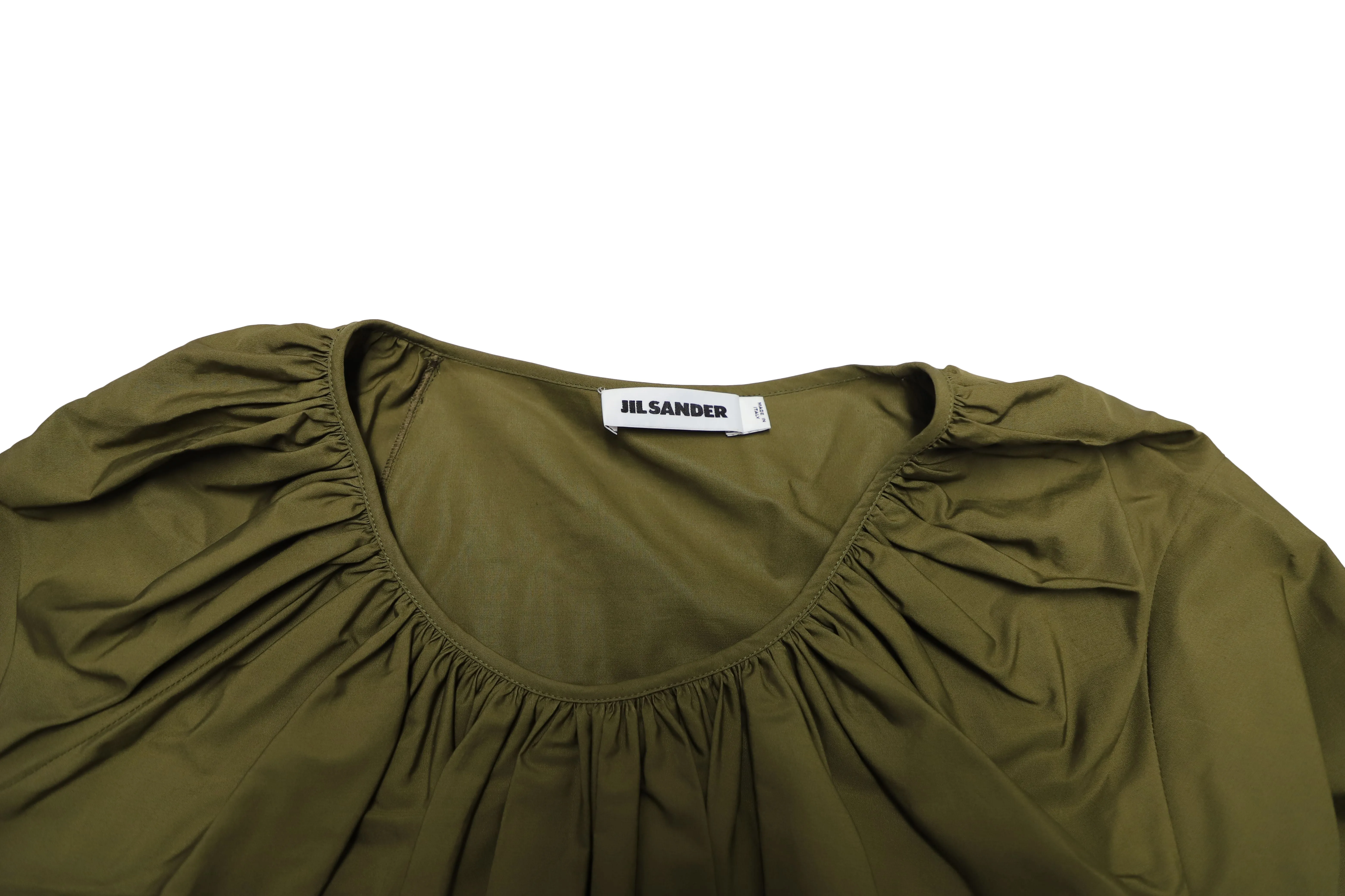 Jil Sander Gathered Short Sleeves Top in Olive Green Cotton