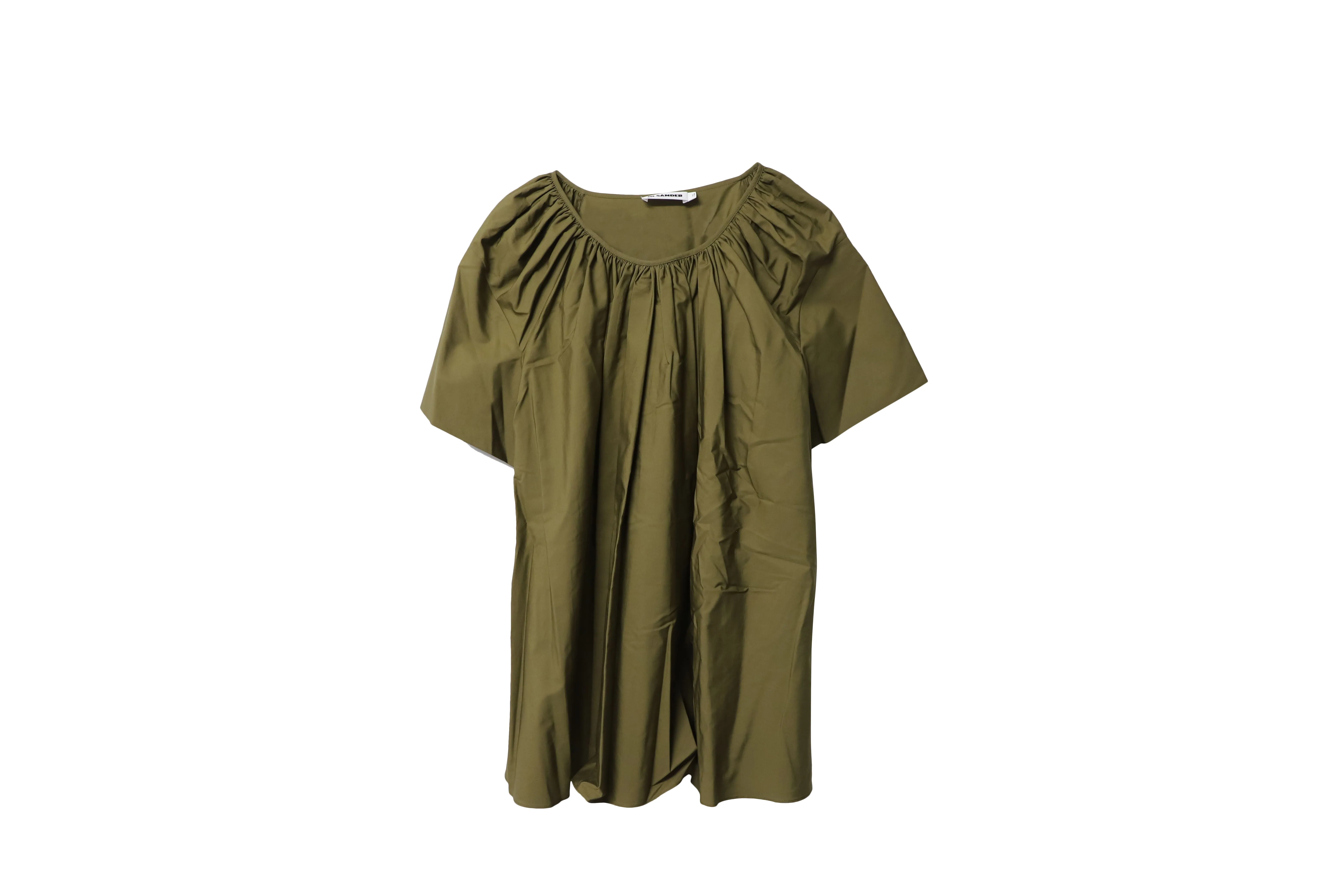 Jil Sander Gathered Short Sleeves Top in Olive Green Cotton