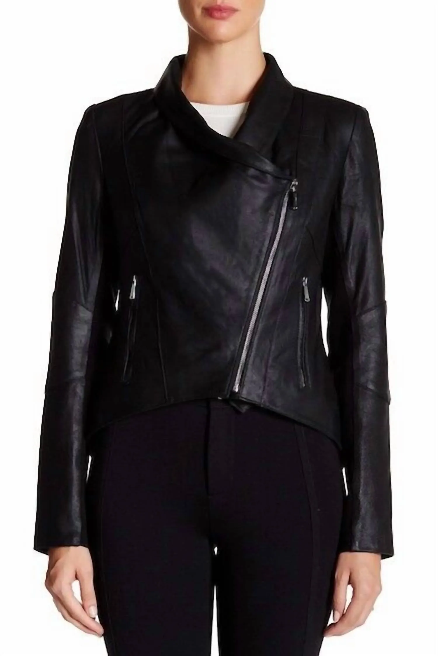 Lamb Suede Leather Drape Tail Collar Jacket In Black