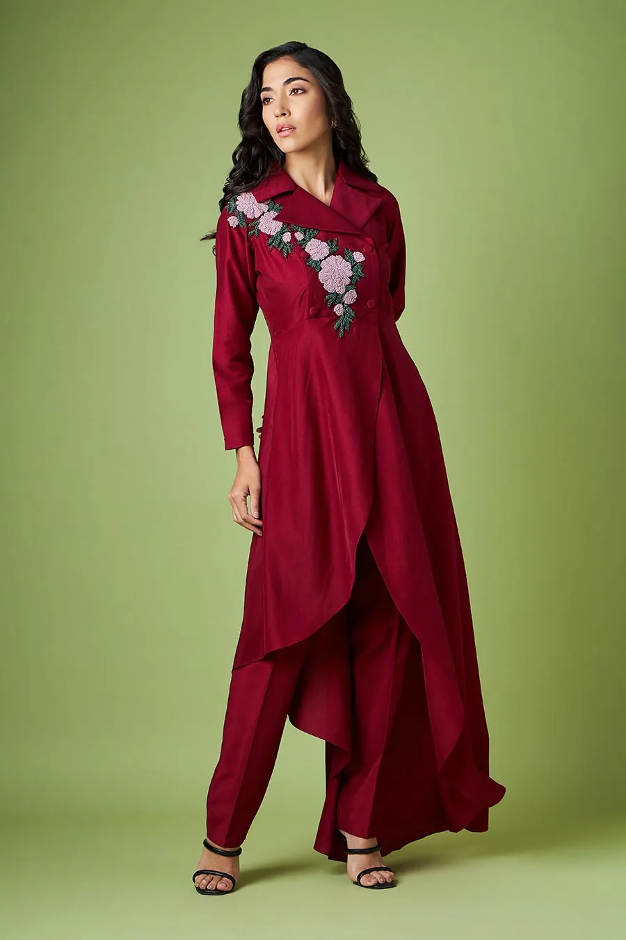 Maroon Embroidered Blazer & Pant Co-Ord Set