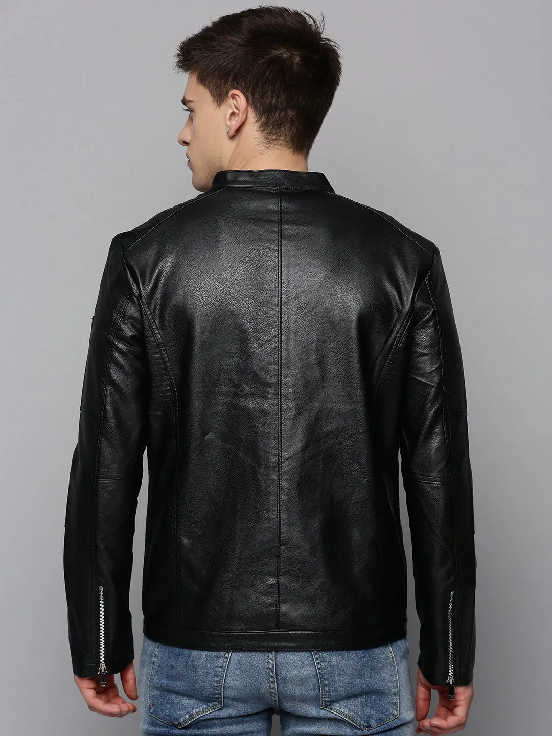 Men Black Mandarin Collar Leather Biker Jacket