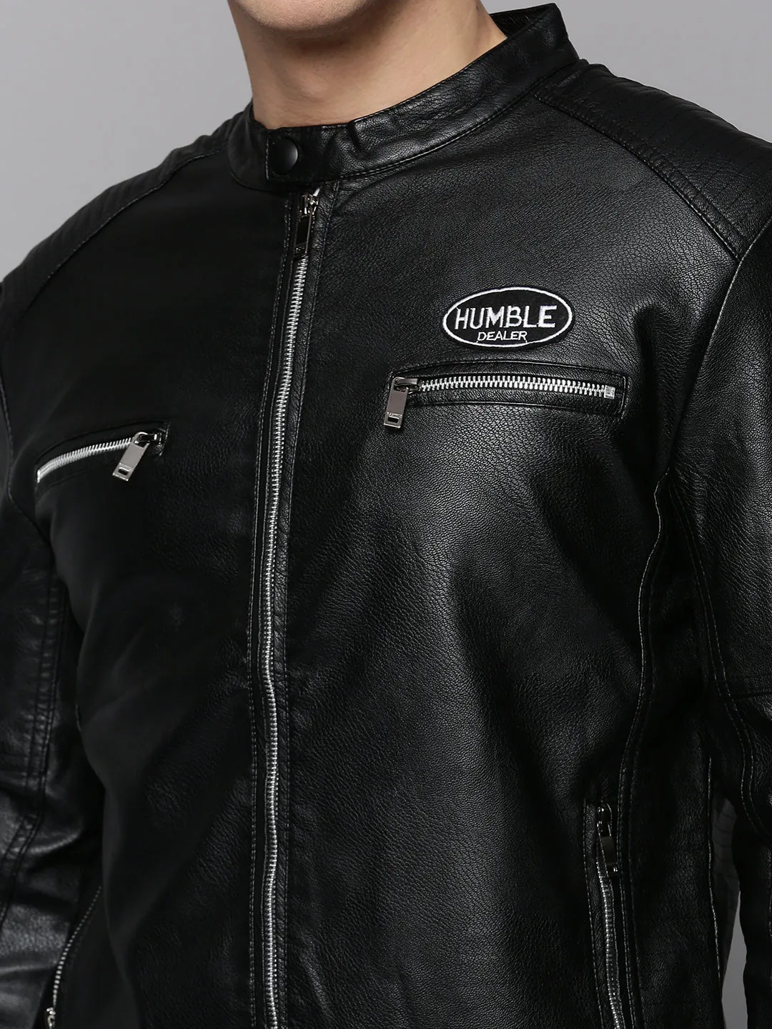 Men Black Mandarin Collar Leather Biker Jacket