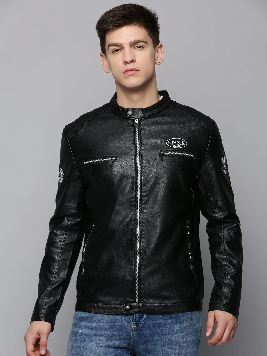 Men Black Mandarin Collar Leather Biker Jacket