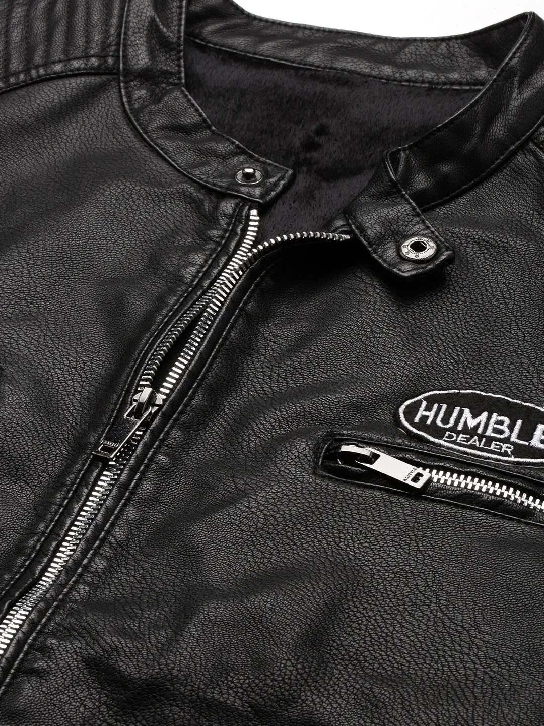 Men Black Mandarin Collar Leather Biker Jacket