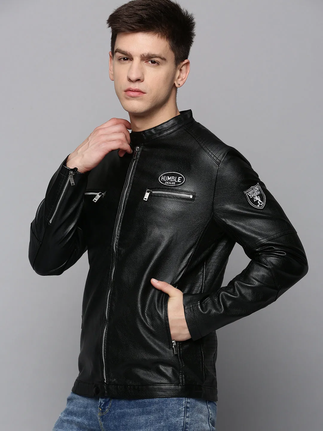 Men Black Mandarin Collar Leather Biker Jacket