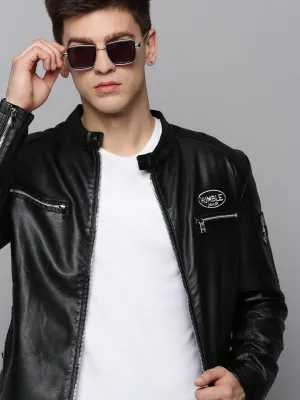 Men Black Mandarin Collar Leather Biker Jacket
