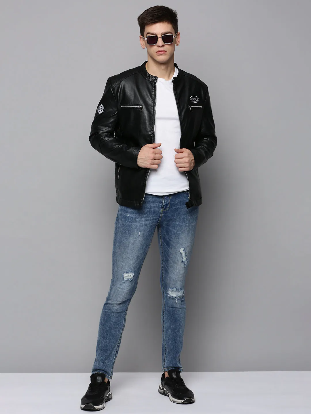 Men Black Mandarin Collar Leather Biker Jacket