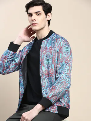 Men Blue Paisley Printed Bomber Jacket