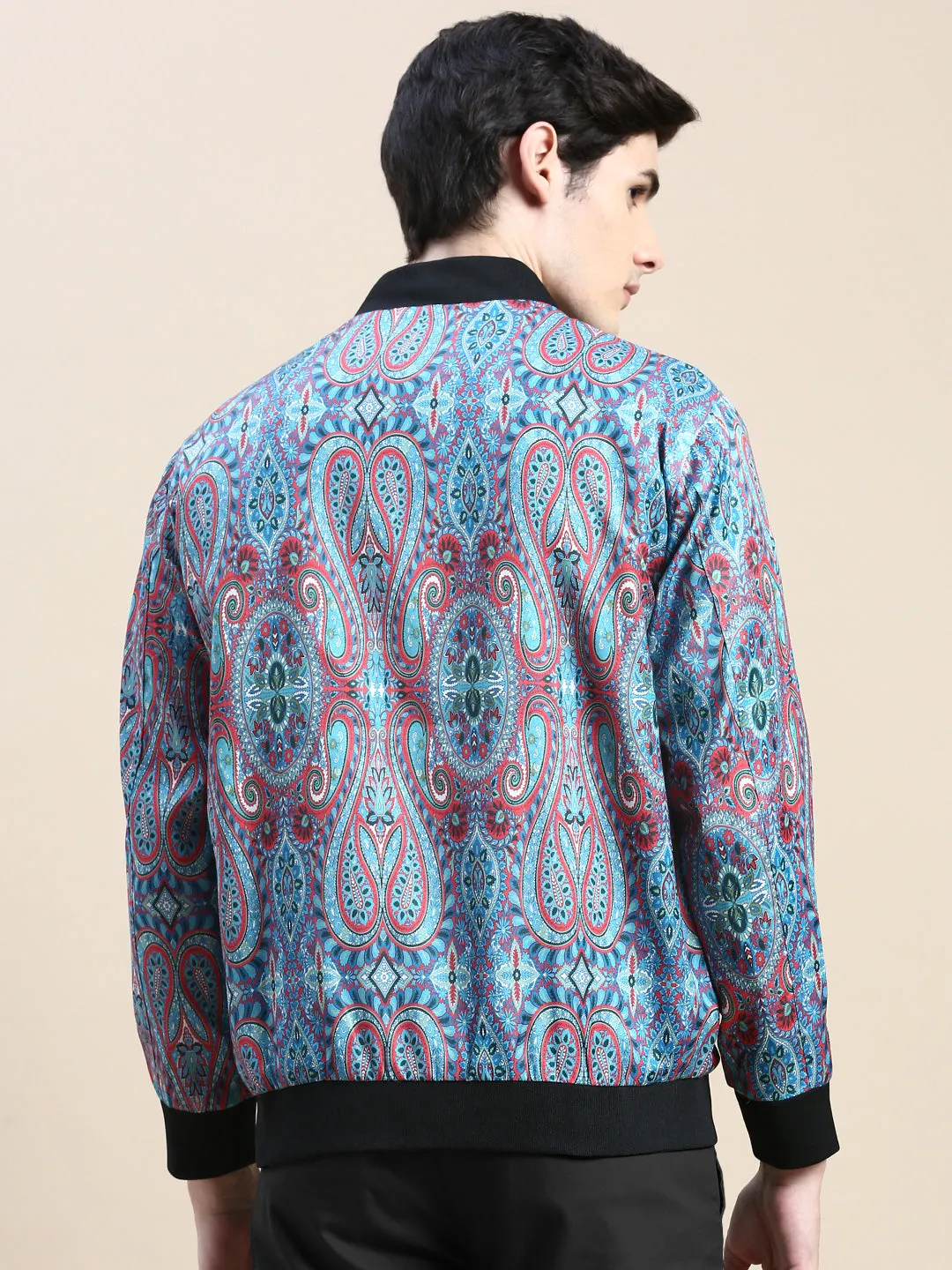 Men Blue Paisley Printed Bomber Jacket