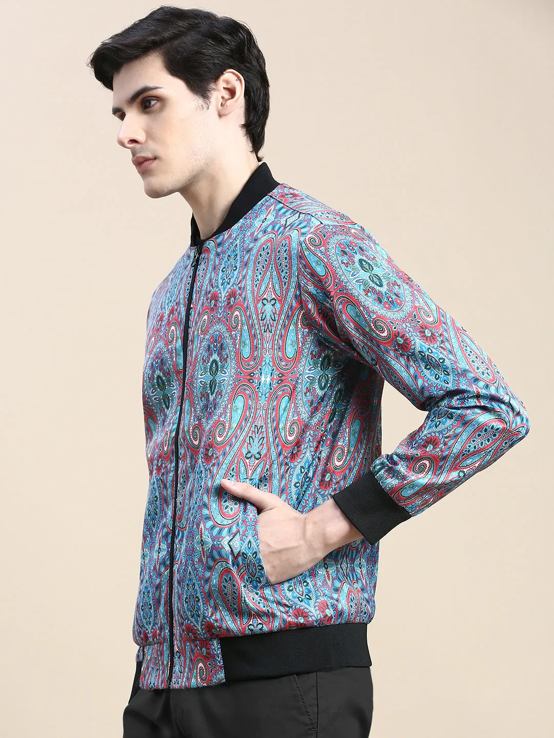 Men Blue Paisley Printed Bomber Jacket