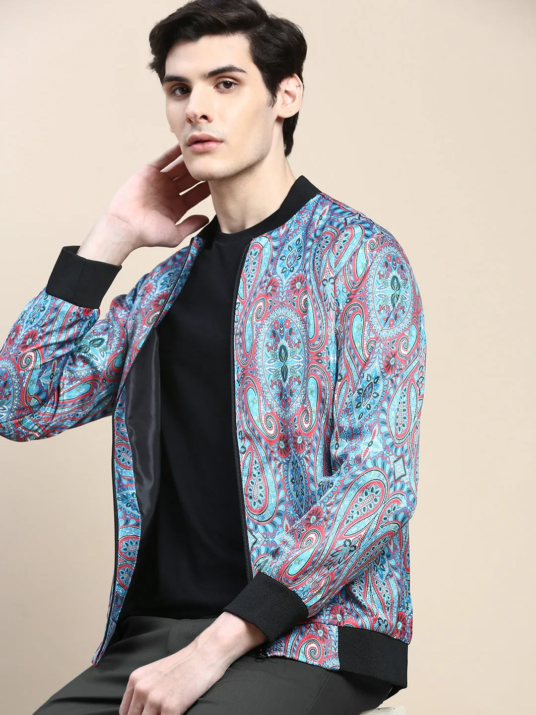 Men Blue Paisley Printed Bomber Jacket