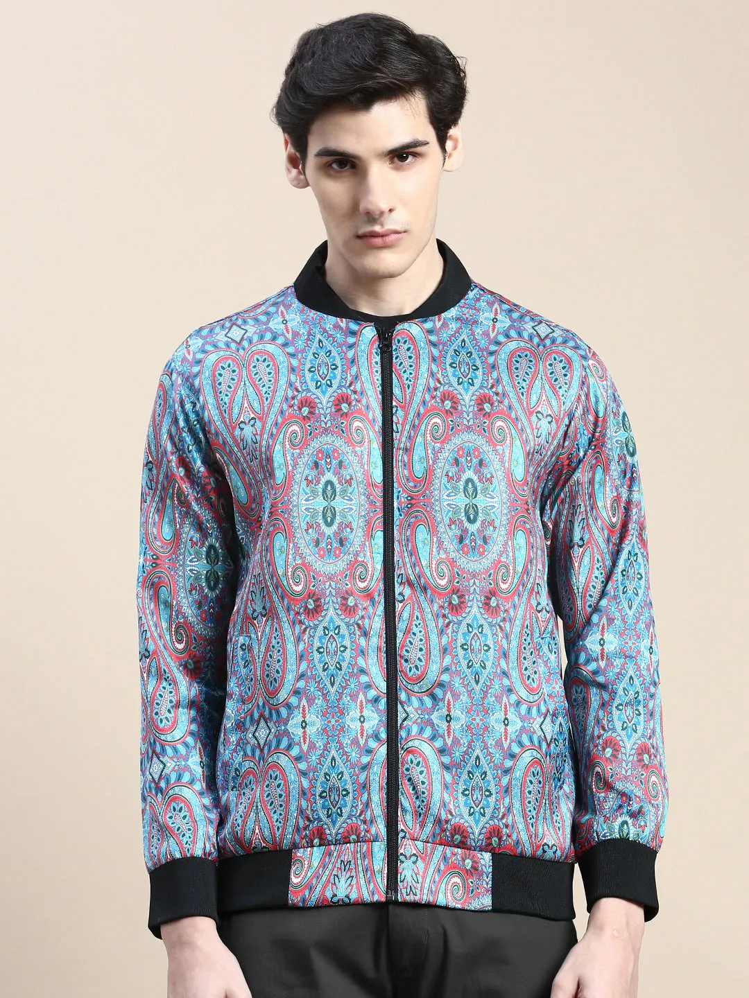 Men Blue Paisley Printed Bomber Jacket