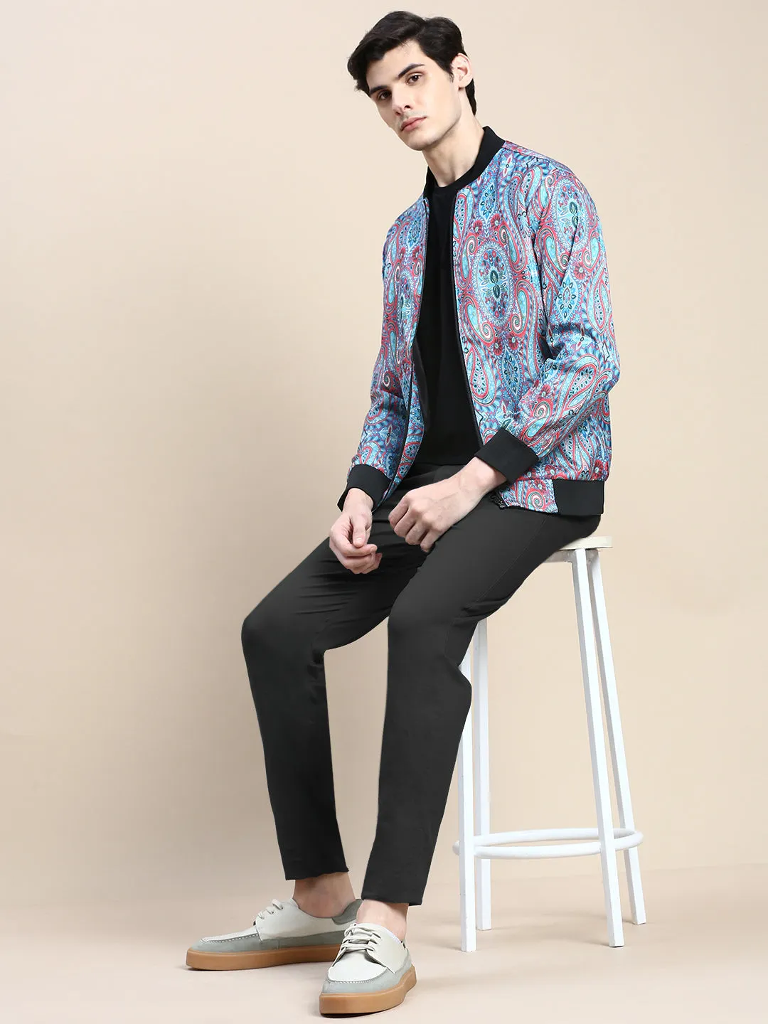 Men Blue Paisley Printed Bomber Jacket