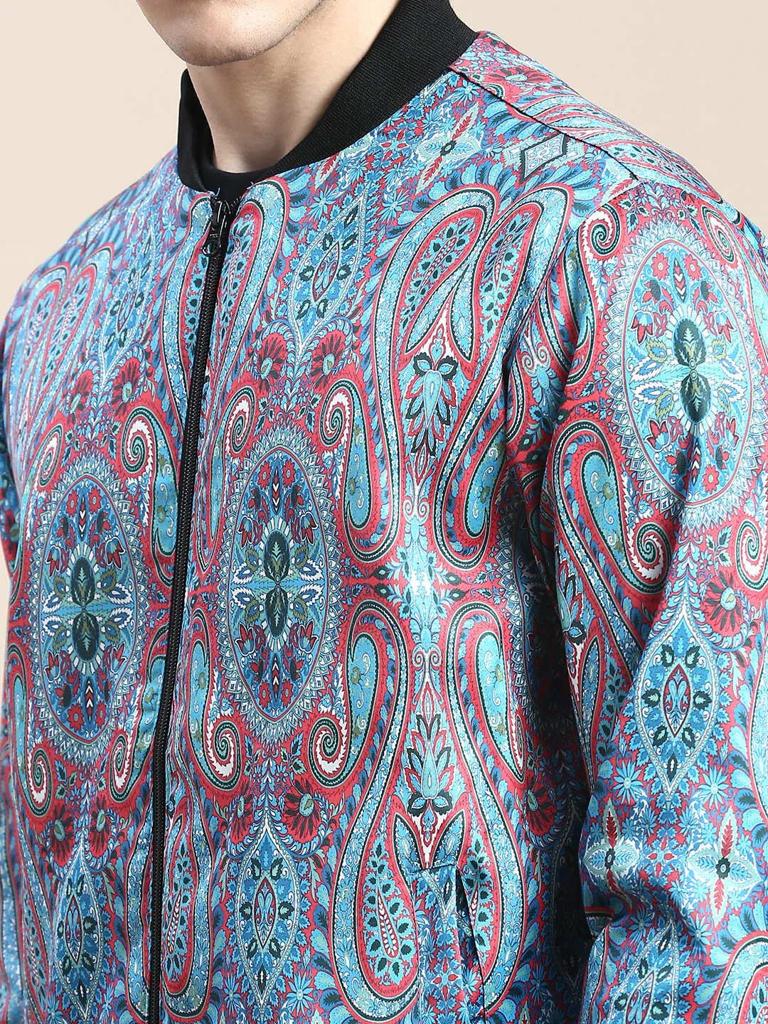 Men Blue Paisley Printed Bomber Jacket