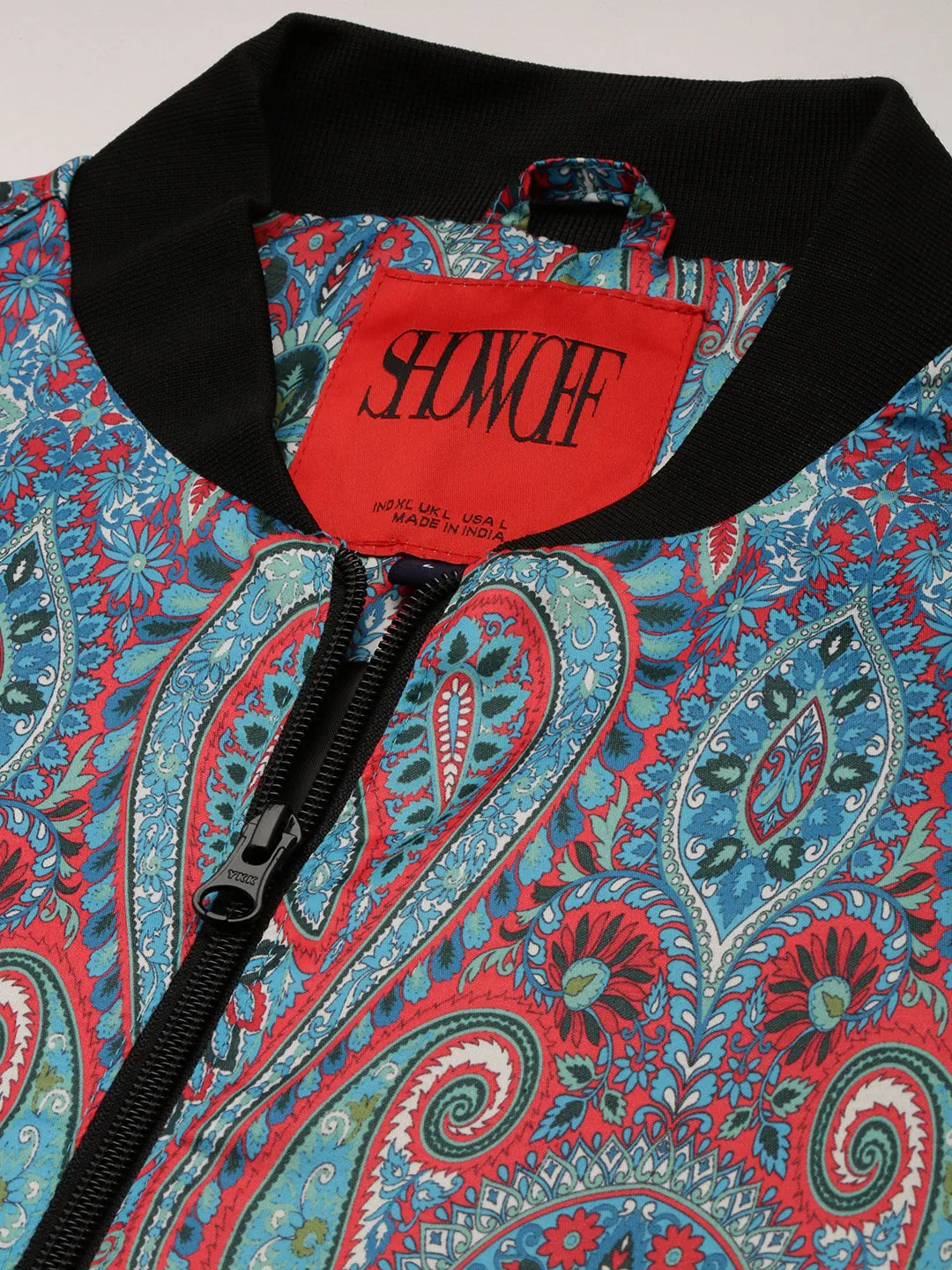 Men Blue Paisley Printed Bomber Jacket