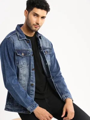 Men Blue Solid Denim Jacket